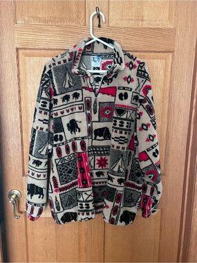 Vintage Art unlimited Native American print Fleece Jacket with Red Accents